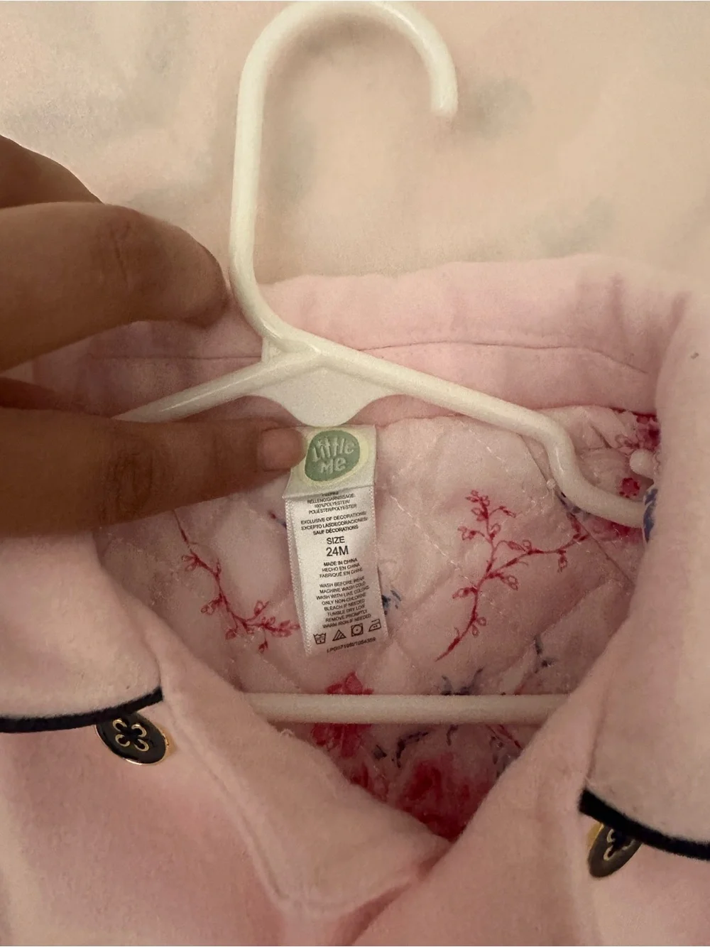 Little Me Pale Pink Double-Breasted Pea Coat with Navy Trim